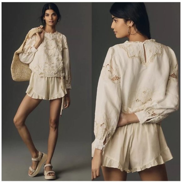 Anthropologie Tops - Anthropologie Lainie White Embroidered Blouse XS Petite Cotton Blend Long Sleeve